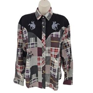 VTG Roughrider Equestrian Shirt‎ Women M Patchwork Plaid Western Bronco USA 90s